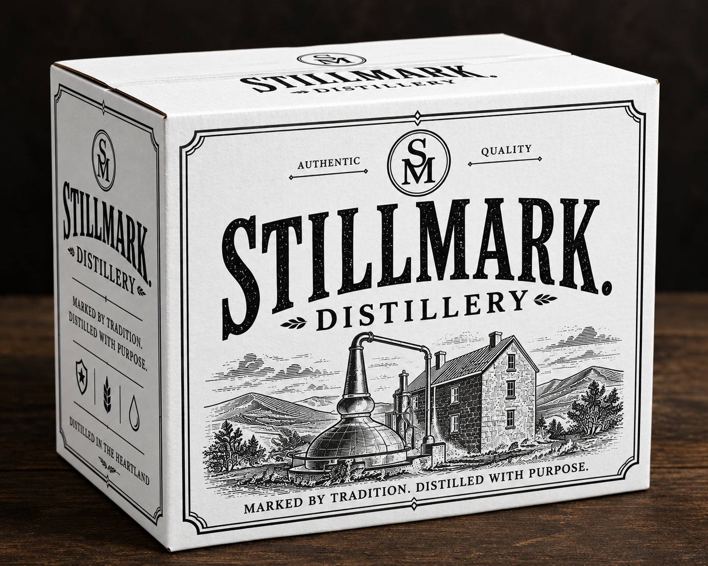 Stillmark Distillery branded packaging box — Marked by Tradition. Distilled with Purpose.