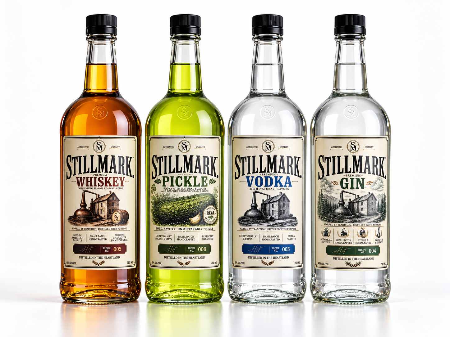 Stillmark full spirits lineup — Whiskey, Pickle Vodka, Vodka, and Gin